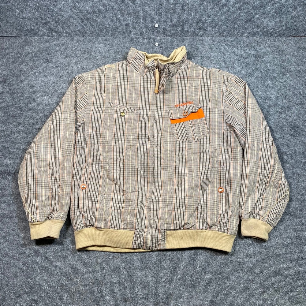 Akademiks Mens XL Plaid Bomber Jacket Tan Orange Streetwear Full Zip Outerwear